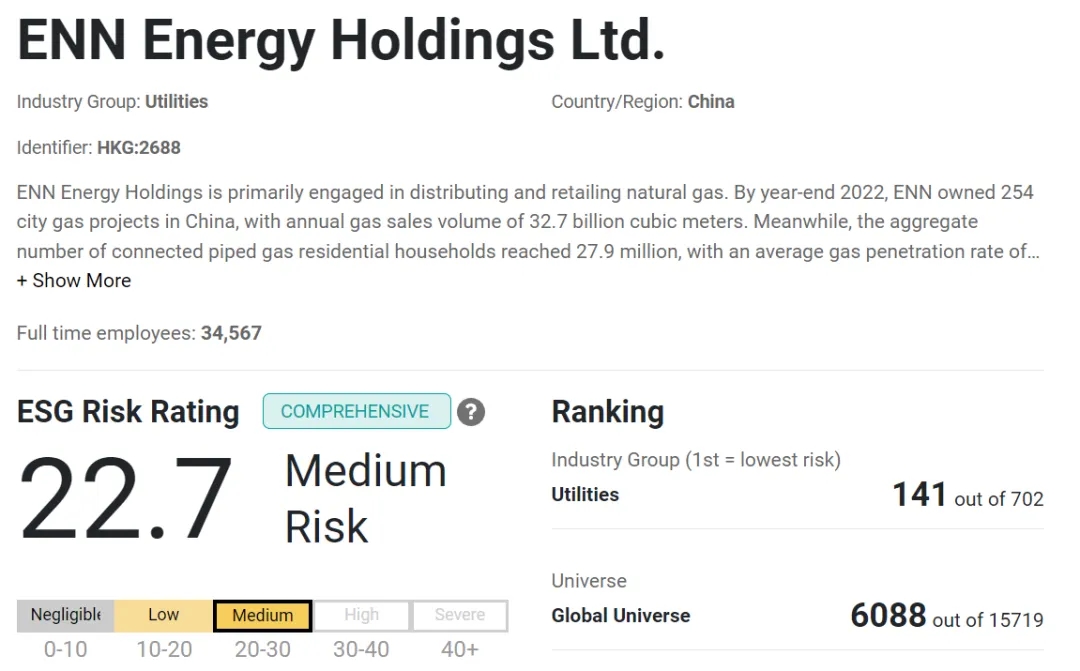 新奥能源ESG荣获国际评级机构Sustainalytics评级晋升